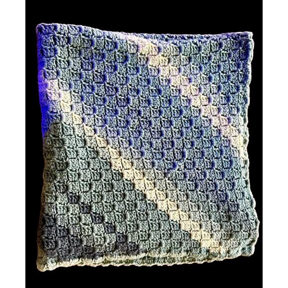 Handmade Crochet Baby Blanket-Blue Gray Afghan Throw-Vintage Nursery-Cottagecore - Picture 3 of 6